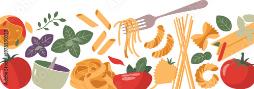 Italian pasta and ingredients assortment in a vibrant flat illustration style for culinary themes.
