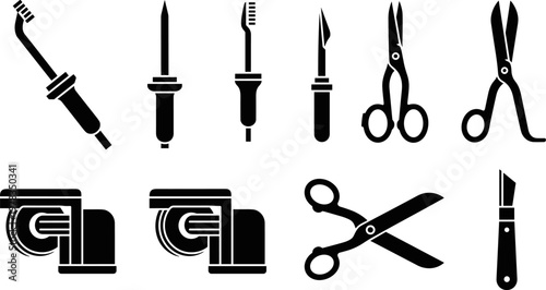 Flat vector silhouette set of industrial cutting tools, precision scalpels, professional tailoring scissors, textile shears, 