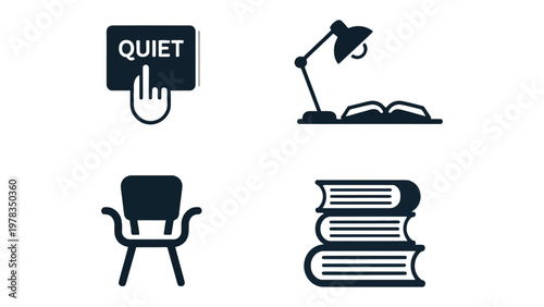 Reading Essentials: A minimalist depiction of reading elements. Features include a 'Quiet' sign, an adjustable desk lamp, an inviting armchair, and a stack of books.