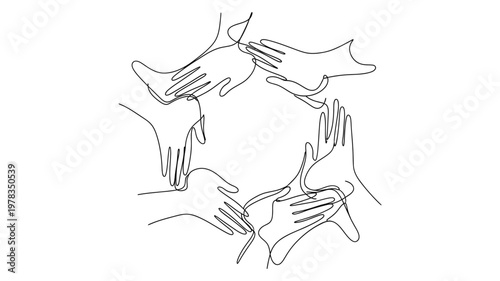 Hands forming a supportive circle together. Continuous line style. Hand drawn. Line art. Vector design. illustrations