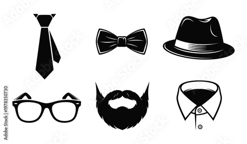Black and white of tie bow tie hat glasses beard and collar bowtie for father's day