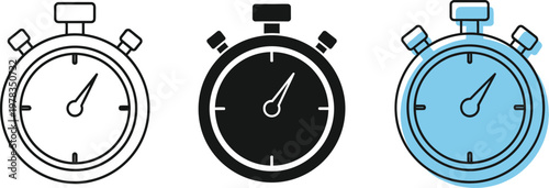 Stopwatch timer vector icon set featuring flat black line art and blue graphic style designs for professional time tracking interface elements