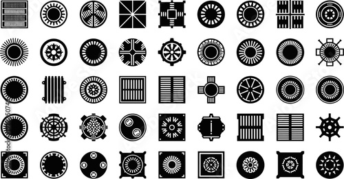 Abstract industrial technical vector silhouette icons set featuring mechanical gears, cooling vents, electronic circuit hardware 