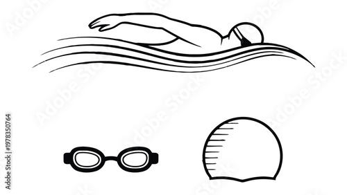 Swimming Elements: A swimmer gracefully glides through water, captured with essential gear, and embodies the spirit of aquatic sports. 