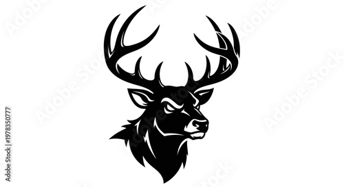 Black Silhouette of a Majestic Stag Head with Large Antlers, Fierce Expression, Vector Art