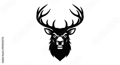 Black Stag Head Silhouette with Antlers, Fierce Expression, Isolated on White Background