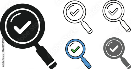 Magnifying glass icons featuring checkmark symbols for search results validation and quality control tasks isolated on a white background vector illustration