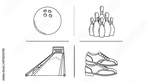 Bowling Essentials: A detailed illustration showcases the core elements of bowling, featuring the bowling ball, pins, alley, and shoes, capturing the essence of the sport in a clean, graphic style.