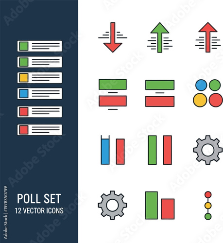 Poll icon set featuring various statistical charts and business symbols as a flat vector graphic design for user interface development projects