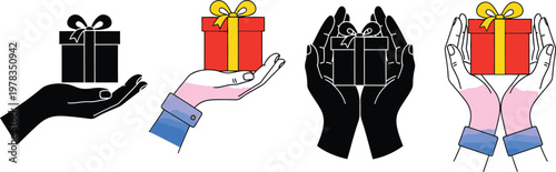 Gift boxes held in hands illustration set showing red presents being offered with palms in a flat design vector graphic style