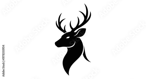 Majestic Stag Head Silhouette, Elegant Antlers, Wildlife Icon, Black on White Background