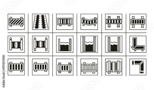 Black and white set of various furniture including chairs tables beds shelves and decor