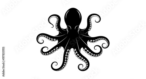Black Octopus Silhouette on White Background, Marine Life Illustration