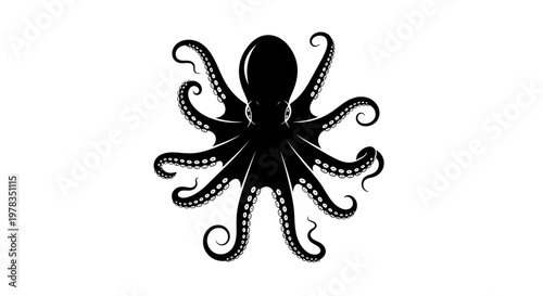Black Octopus Silhouette on White Background - Marine Life Vector