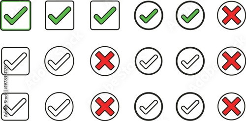 Checkmark and cross vector set containing various green approval signs and red rejection icons for user interface design and web forms