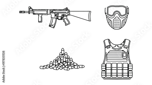 Warfare Essentials: A detailed illustration showcasing the key components of combat equipment, including a firearm, protective mask, tactical vest, and ammunition.