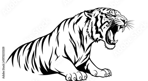 Fierce Tiger Roaring, Aggressive Big Cat Illustration, Powerful Predator