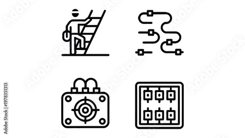 Tech Icons: Minimalist illustrations depict essential aspects of modern technology, including the circuit, ladder, and a complex system, presenting an abstract look and feel.