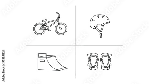 BMX essentials : A minimalist graphic arrangement showcases essential BMX gear, including a BMX bike, helmet, knee pads, and ramp, perfectly illustrating the tools of this thrilling sport.