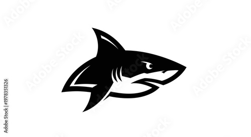 Black silhouette of a fierce shark head with sharp teeth and menacing eyes, isolated on white.