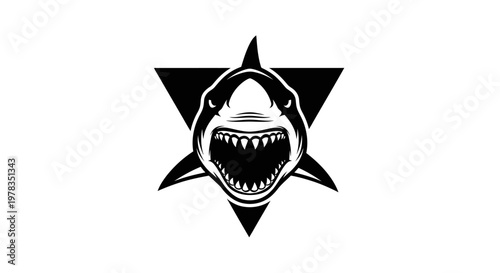 Aggressive shark head with open mouth and sharp teeth, behind a triangle
