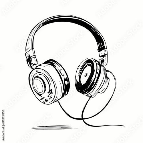Headphones depicted in a detailed black and white sketch illustrate modern audio technology for music lovers and podcast creators who require high-quality sound equipment for their professional daily.