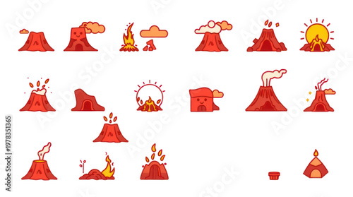 Volcano and Fire Cartoon Icons Collection for Natural Disaster Warnings and Element Graphics