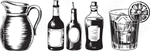 Vintage hand drawn pitcher bottles and glass with ice and lemon for drinks and cocktails on transparent background.