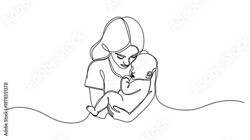 A mother tenderly holding her baby. Continuous line style. Hand drawn. Line art. Vector design. illustrations