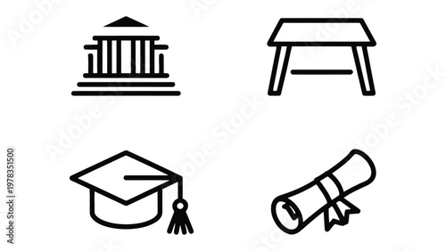 Icons of Higher Education: A collection of meticulously crafted icons represents the essence of academic institutions and scholarly achievement.