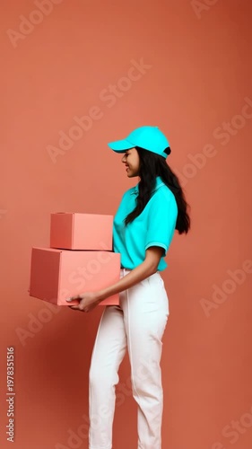 Young asian female courier in turquoise cap and polo smiling while carrying coral delivery boxes against warm terracotta backdrop standing in casual white pants for parcel service
