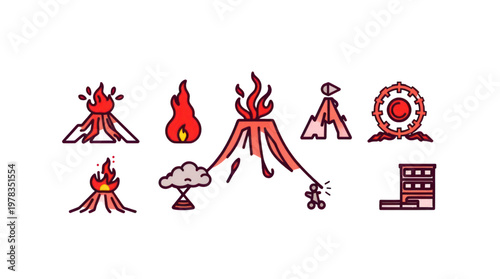 Volcano and Fire Hazard Icons Representing Natural Disasters Industrial Energy and Environmental Risks