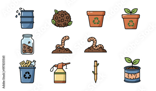 Collection of colorful recycling and composting including containers plants and worms