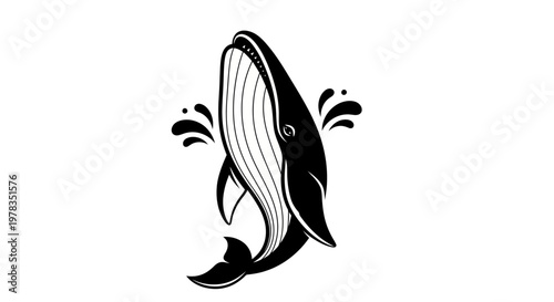 Stylized Black and White Whale Breaching with Water Splashes, Marine Life Icon