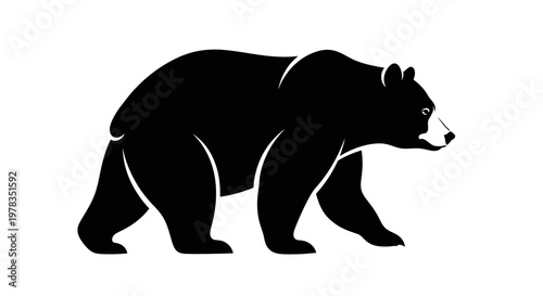 Black Bear Silhouette Walking Side View Isolated on White Background