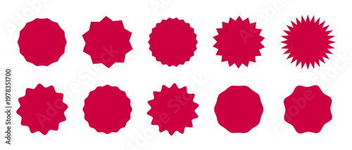 Circle sticker. Wavy edge promo badge. Star burst shape tags for price. Red blank sale stickers set. Vintage labels. Simple silhouette. Graphic illustration.