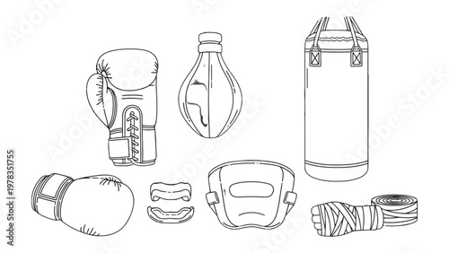 Boxing Gear Essentials: An illustration showcasing key boxing equipment, including gloves, a speed bag, a heavy bag, headgear, a mouthguard, and hand wraps, all essential for training and competition.