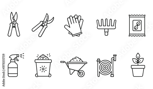 Black and white gardening tools and equipment set pruners