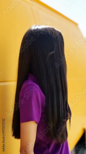 Female asian young courier smiling in purple polo standing by yellow delivery van closeup portrait outdoors