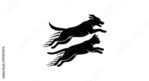 Dynamic Silhouette of Dog and Cat Running Together, Vector Art