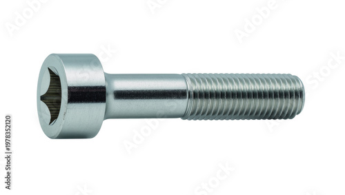 Shiny metallic hex socket bolt with threaded shaft, isolated on transparent background
