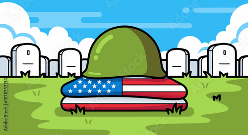 Remembering fallen heroes American flag draped helmet on a grave in a cemetery