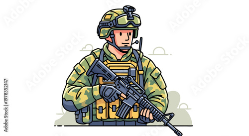 Soldier Holding Rifle Ready for Combat, Military Personnel Illustration