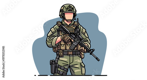 Illustration of a Soldier in Military Uniform Holding a Rifle, Ready for Combat