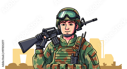 Cartoon illustration of a military soldier holding a rifle with urban buildings in the background