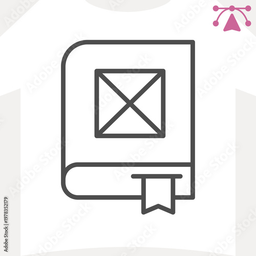 Book with bookmark and banner line icon, polygraphy concept. Vector graphics. Hardcover book with space for picture sign and editable stroke, outline style icon for mobile or web design.