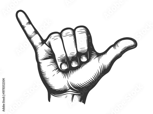 hand showing shaka gesture, symbolizing relaxation, positivity, and surf lifestyle culture sketch engraving generative ai vector illustration. Scratch board imitation. Black and white image.