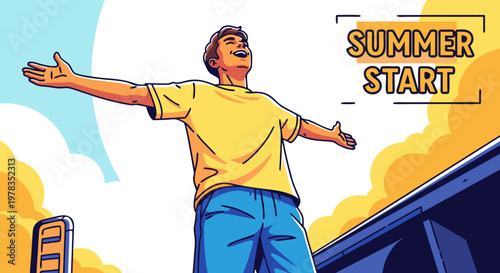 Summer Start Illustration of a Happy Person Celebrating the Beginning of Summer with Open Arms, a Symbol of Freedom and Joyful Beginnings, an Energetic Vibe for Your Projects