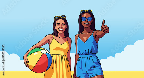 Two young women enjoying a beach day with a colorful beach ball and giving a thumbs up