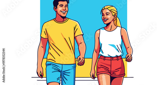 A happy young couple walking together and smiling outdoors in bright summer clothing